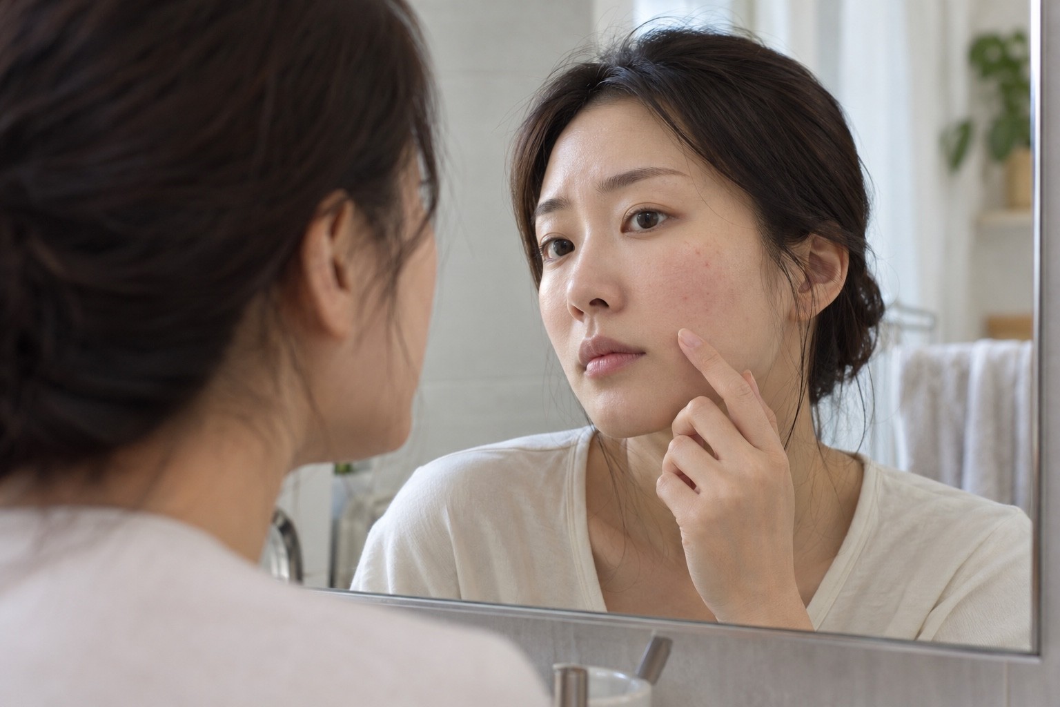 거울을 보며 얼굴의 작은 뾰루지와 넓게 남은 색을 따로 살피는 장면