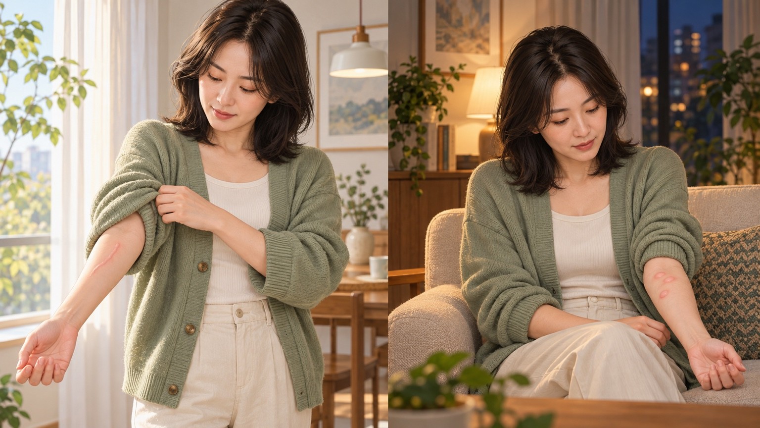 같은 성인이 낮에는 소매 근처의 선 모양 부풀음을, 저녁에는 팔의 둥근 부풀음을 살펴보는 두 장면