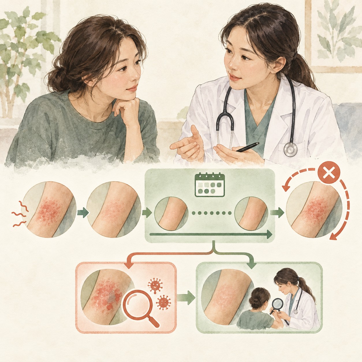 습진의 급성기 치료와 감량·유지·재평가 단계를 시간축으로 보여주는 의료 일러스트