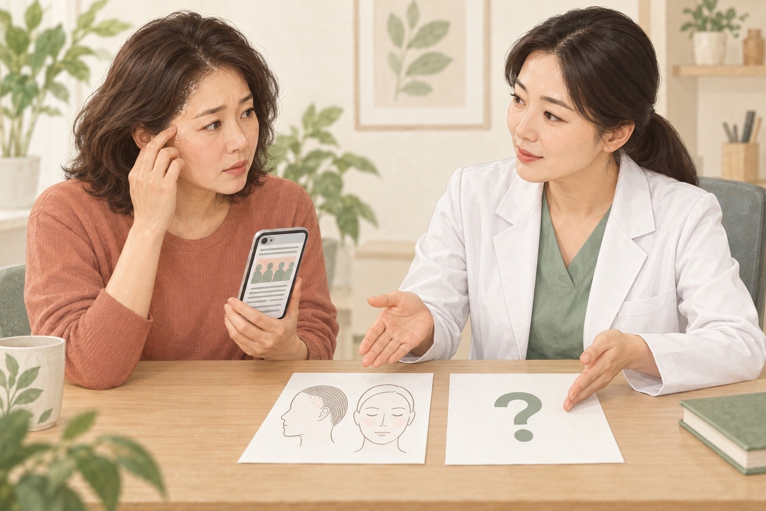 두피와 코 옆 각질로 치료받는 성인이 검색한 위험정보를 의료진과 상담하는 가상 장면