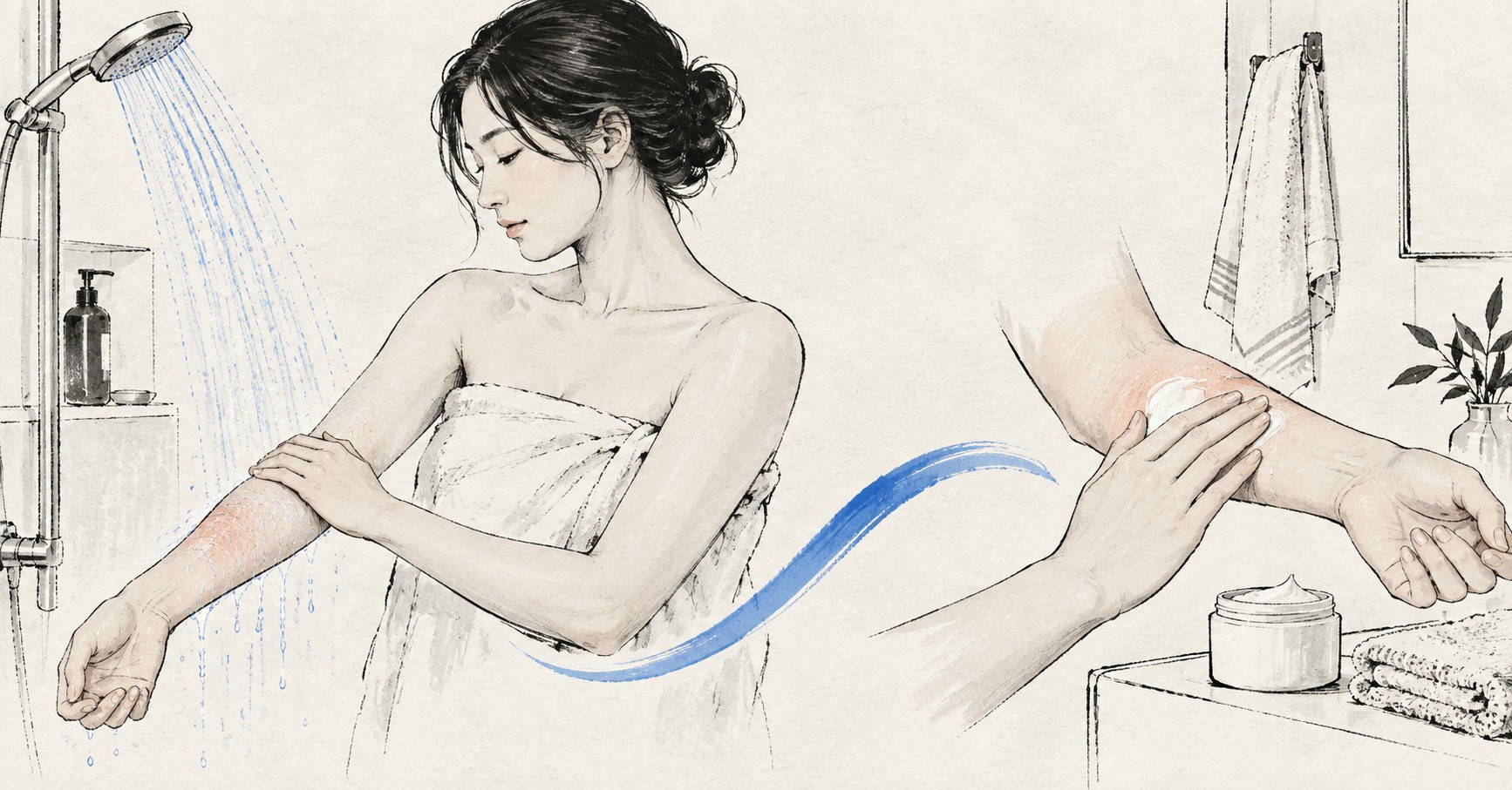 미지근한 물로 짧게 샤워한 뒤 팔에 보습제를 바르는 과정을 나란히 보여 주는 의료 일러스트