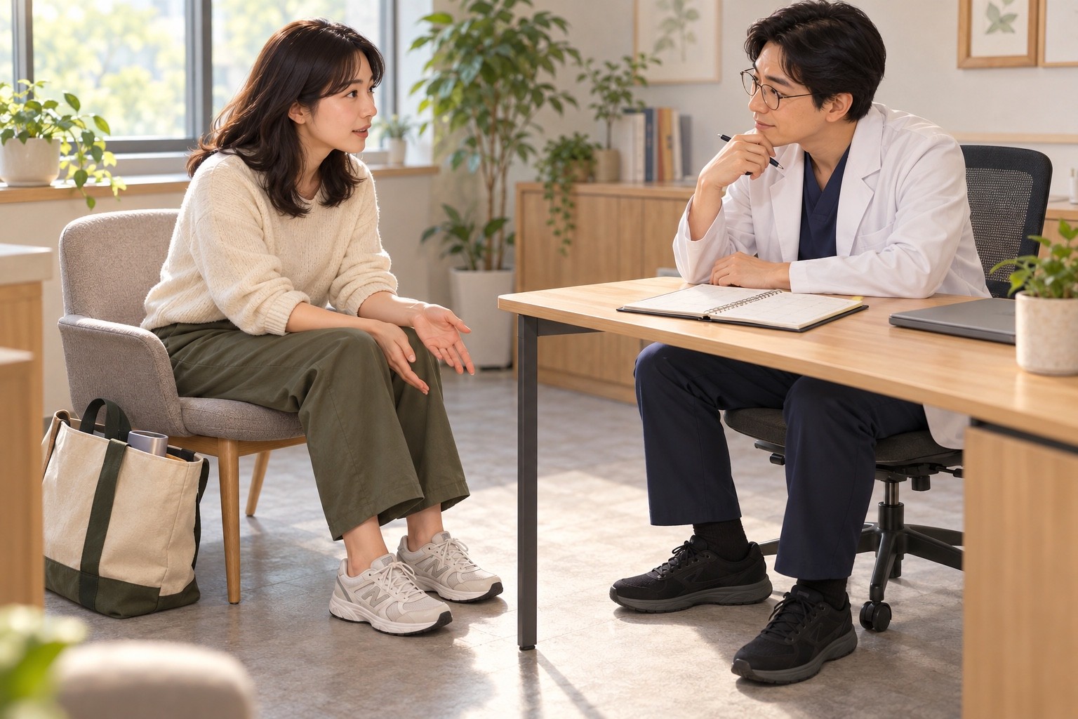 걷는 일정을 설명하는 성인과 첫 사마귀 치료의 부담을 함께 상의하는 상담 장면