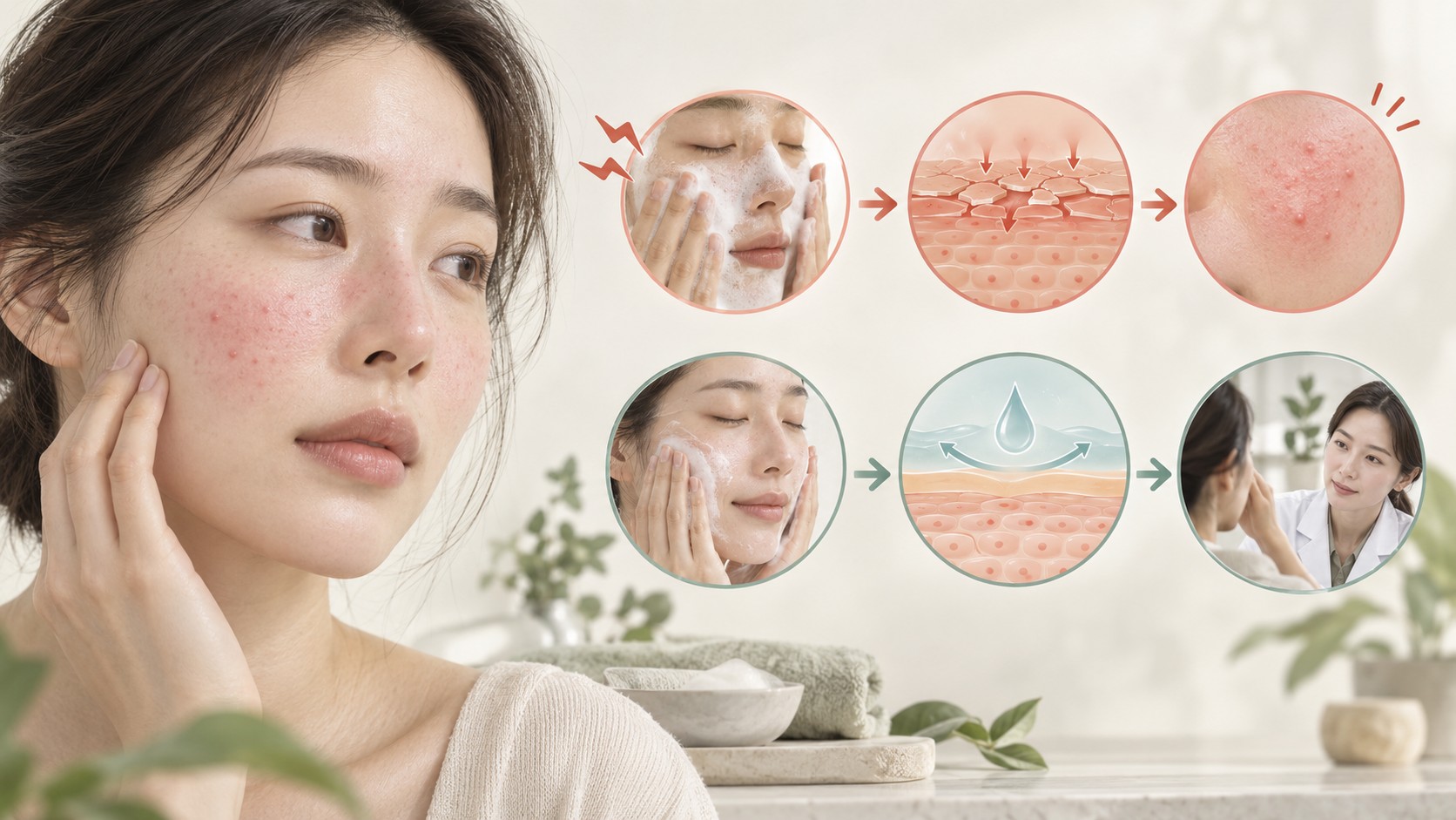 과도한 세안으로 자극받은 얼굴 피부와 순한 관리·진료 경로를 대비한 의료 일러스트