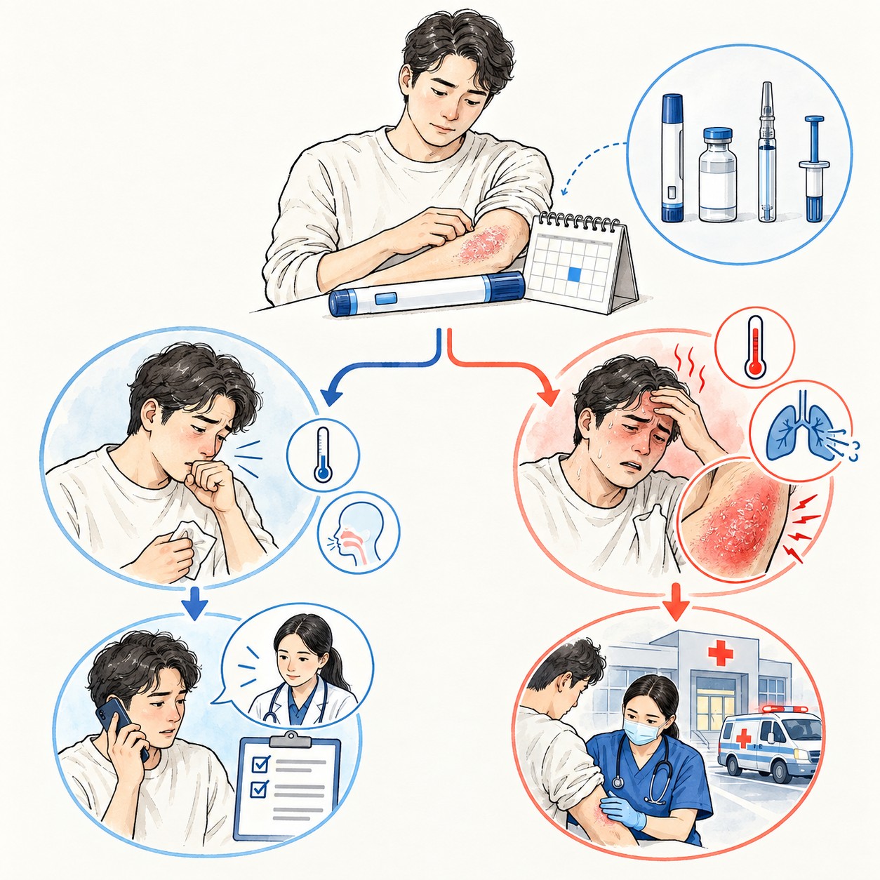 건선 생물학제제 투약 달력 앞에서 가벼운 감염은 처방팀 연락, 고열과 호흡곤란은 빠른 진료로 갈라지는 의료 일러스트