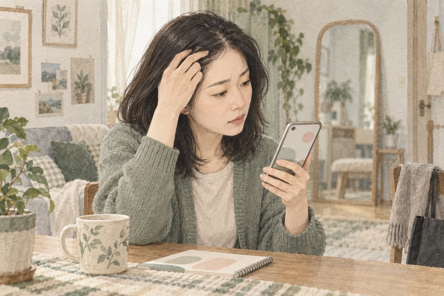 스마트폰을 들고 헤어라인의 불편함을 의식하며 염색 예약을 다시 생각하는 성인의 삽화