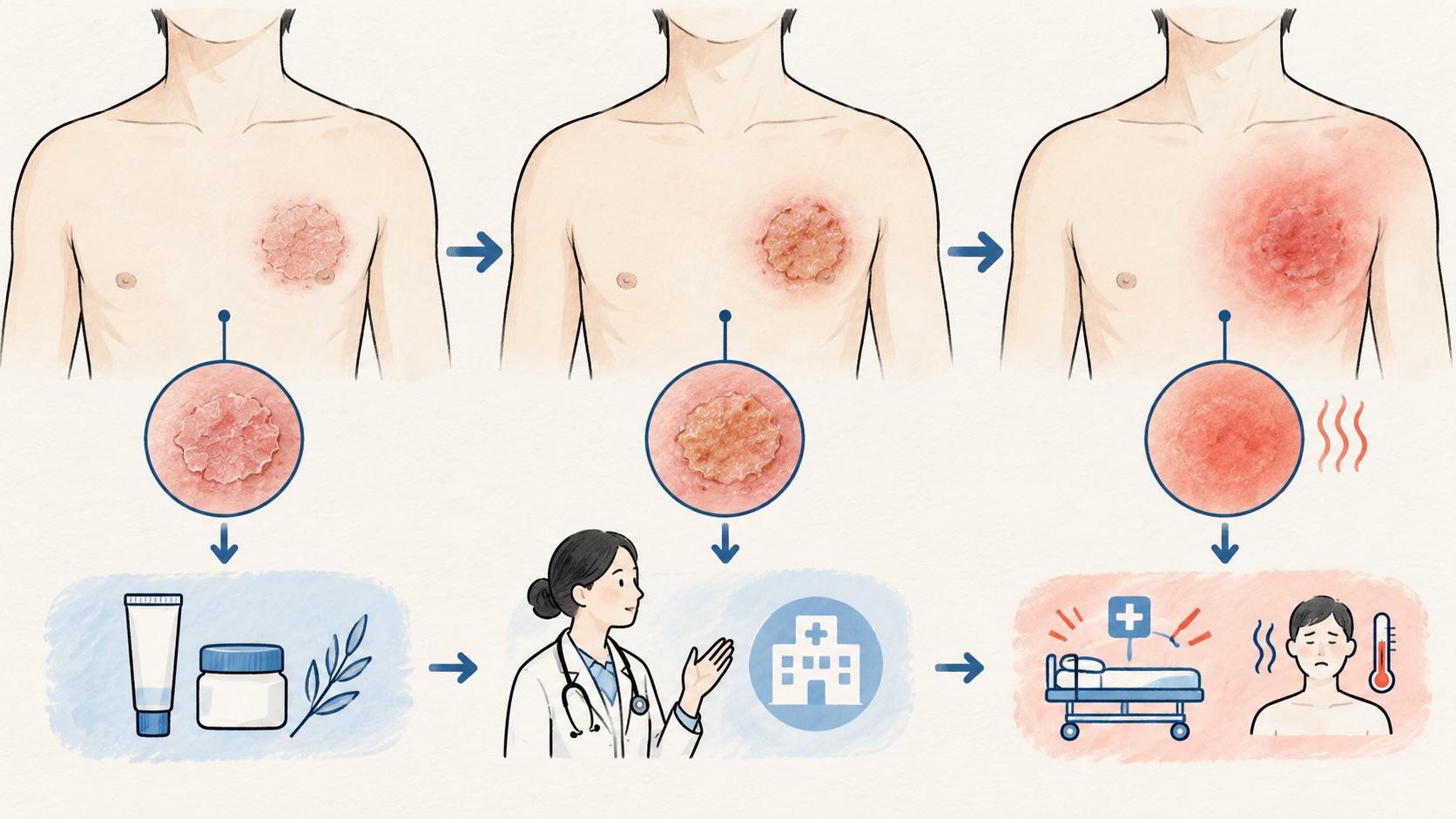 동전 모양 병변에서 건조 단계와 진물·감염 경계가 갈라지는 판단 흐름 일러스트