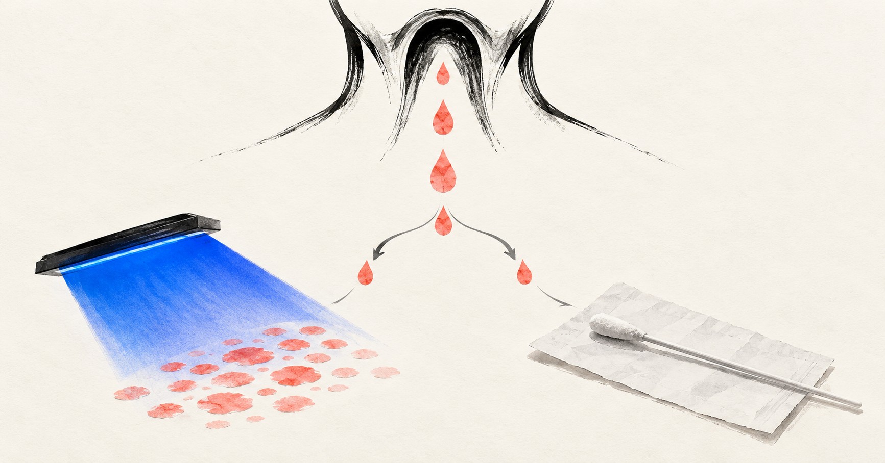 목 감염 단서에서 물방울 모양 피부 병변과 광선치료 경로가 갈라지는 임상노트 일러스트