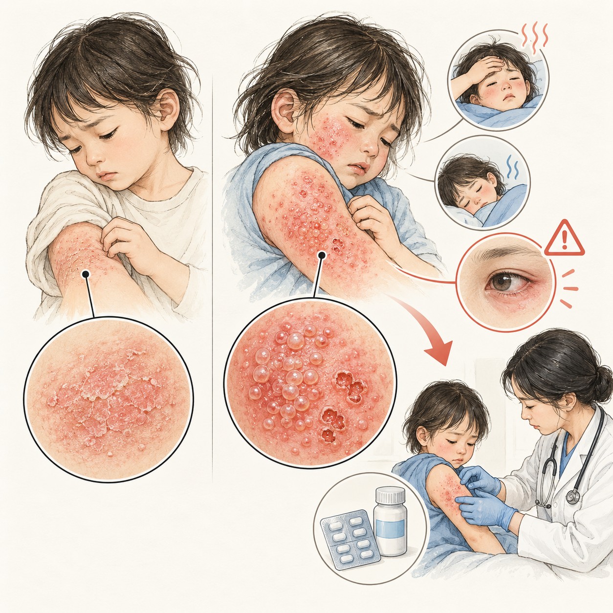 평소 건조하고 불규칙한 습진과 통증성 군집 수포·패인 상처를 비교하고 눈 증상과 당일 진료 경로를 보여 주는 의료 일러스트
