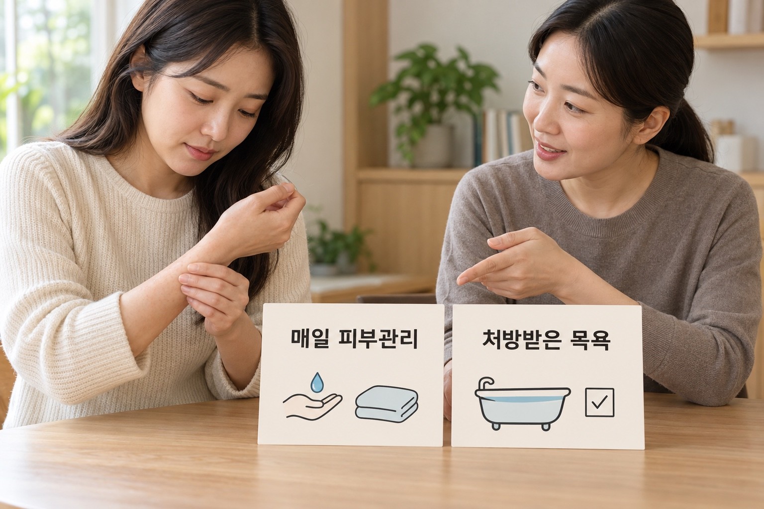 성인 환자와 상담자가 매일 피부관리와 처방받은 목욕이라고 적힌 두 안내를 나란히 보며 현재 손목 피부를 살피는 장면