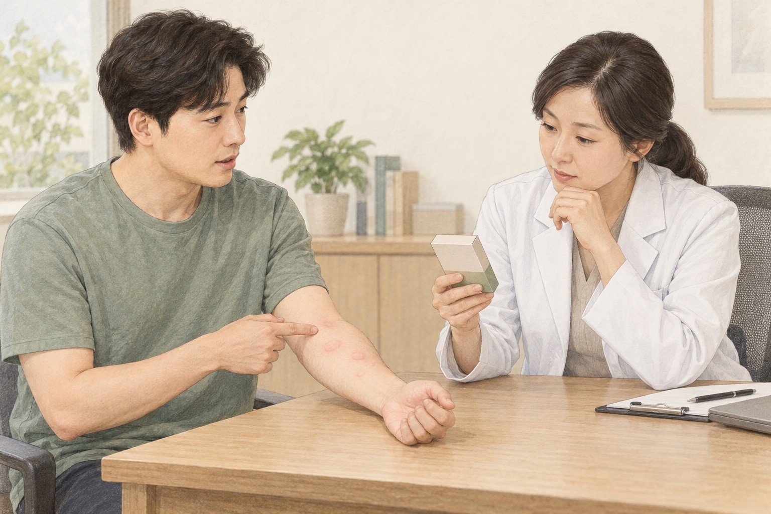 만성 두드러기가 있는 성인이 팔의 팽진과 복용한 약 포장을 의료진에게 보여 주며 상담하는 교육용 그림
