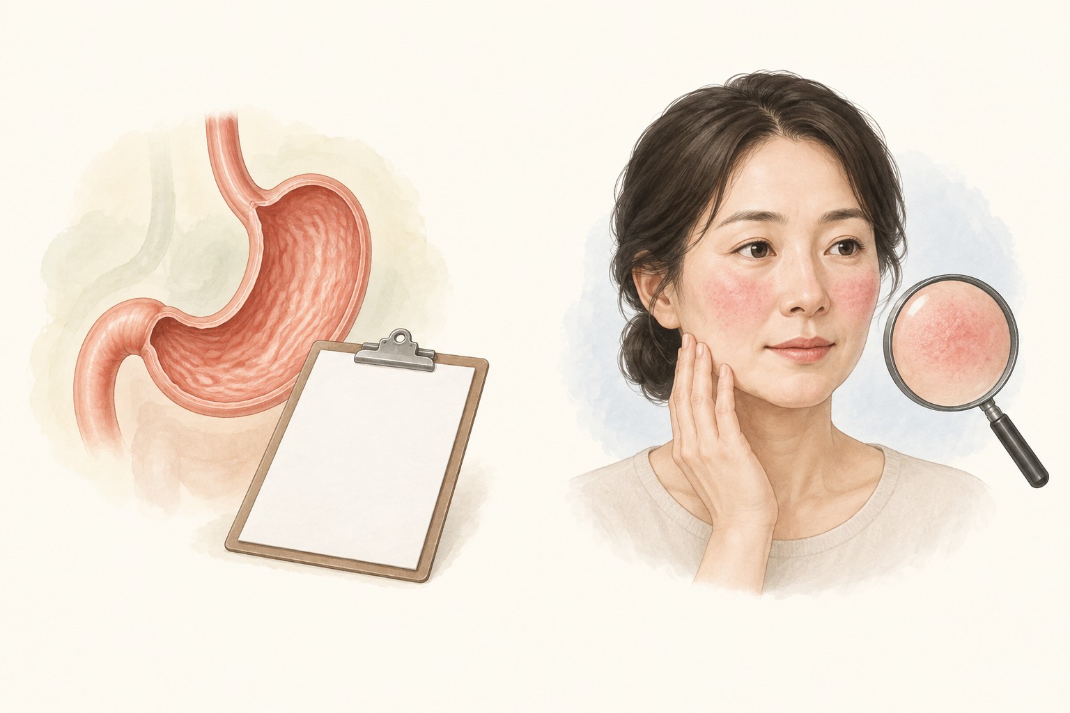 서로 떨어진 위의 교육용 그림과 얼굴 피부 평가 그림