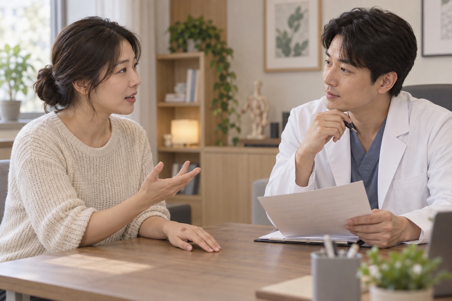 손등의 작은 돌기를 보이며 병력과 이전 치료에 대해 의료진과 상담하는 성인의 교육용 삽화