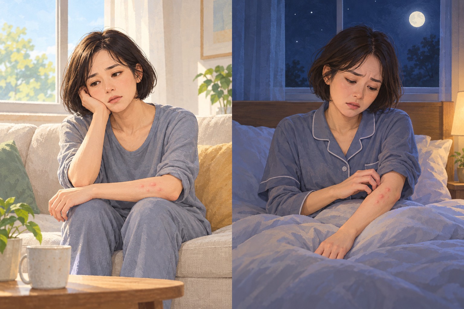 같은 사람의 낮 피로와 밤 가려움을 나란히 놓은 두 장면