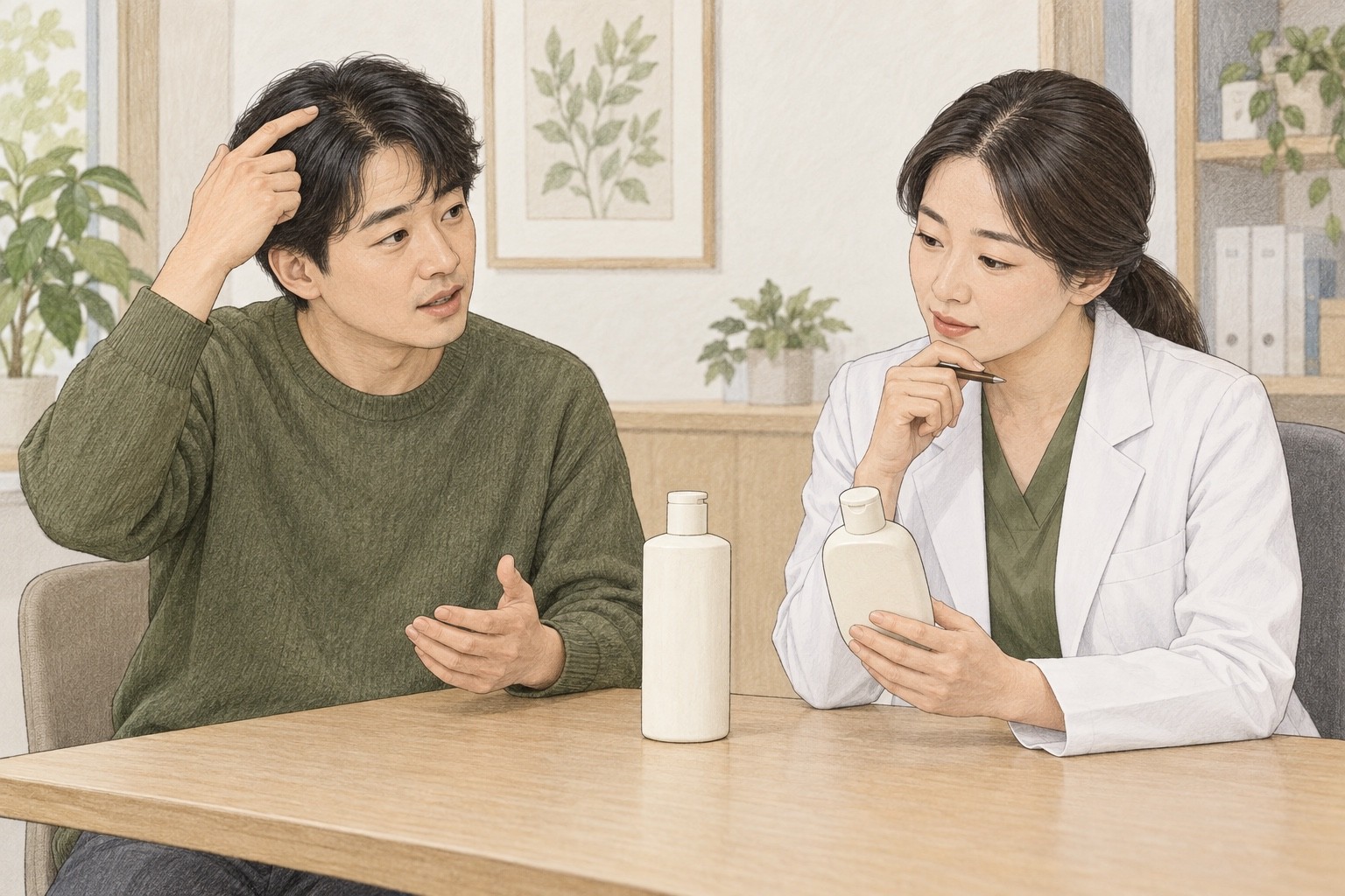 두피의 불편을 설명하는 성인과 두 샴푸 제품의 목적을 확인하는 의료진의 상담 그림