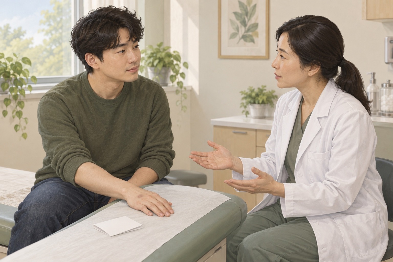 냉동치료 후 경과를 확인하기 위해 손을 진찰대에 올려놓고 의료진과 이야기하는 성인
