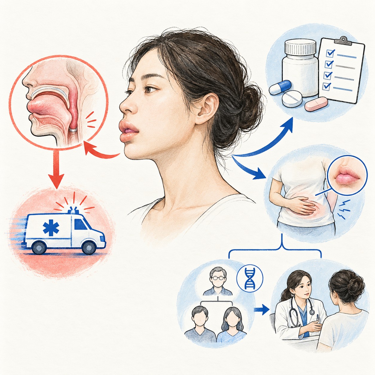 두드러기 없이 입술이 붓는 혈관부종에서 기도 응급, 복용약 검토, 반복 부종 평가로 갈라지는 의료 일러스트