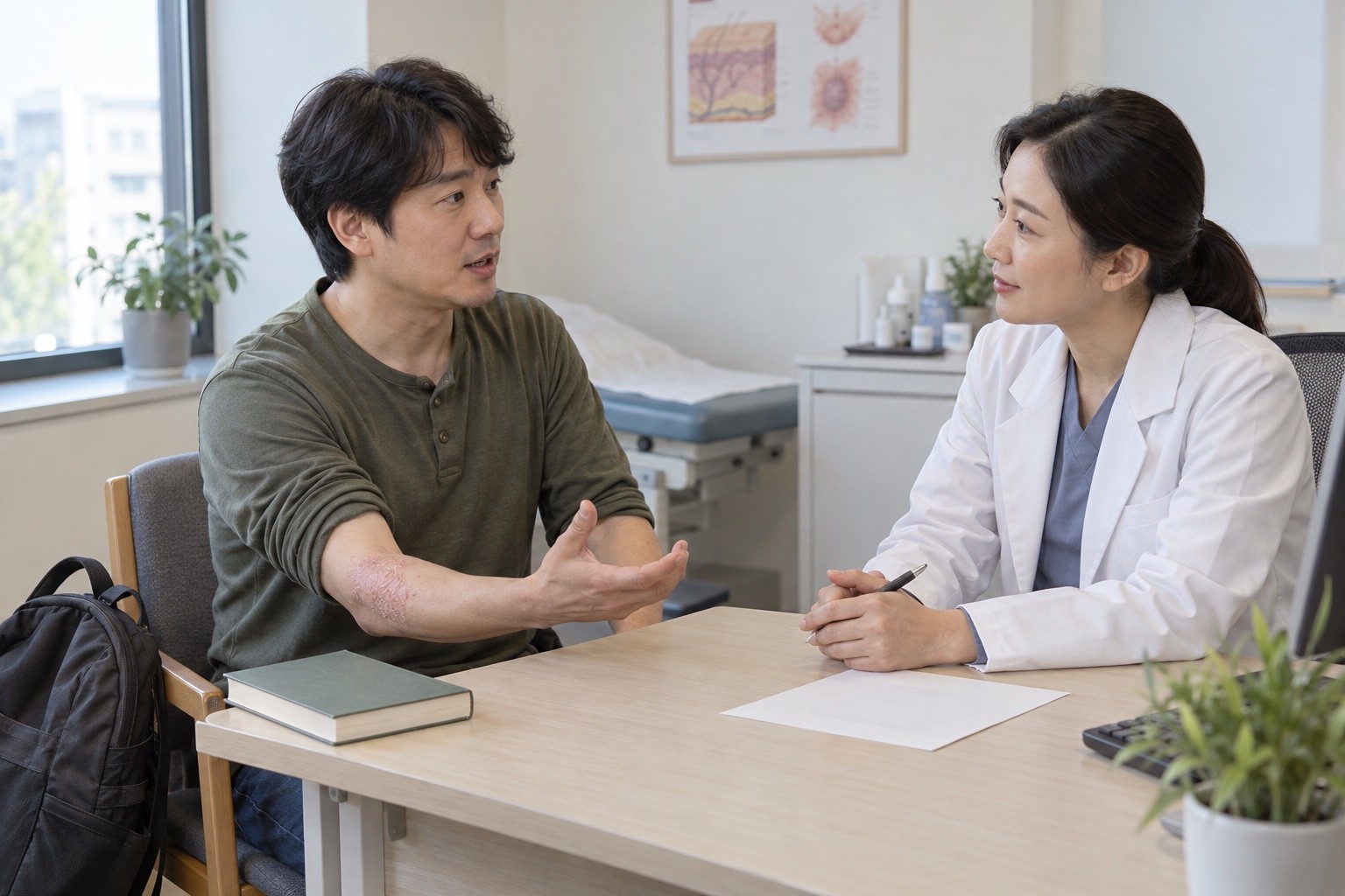 건선 피부 변화와 일상의 피로를 의료진에게 함께 이야기하는 성인 환자의 AI 생성 예시