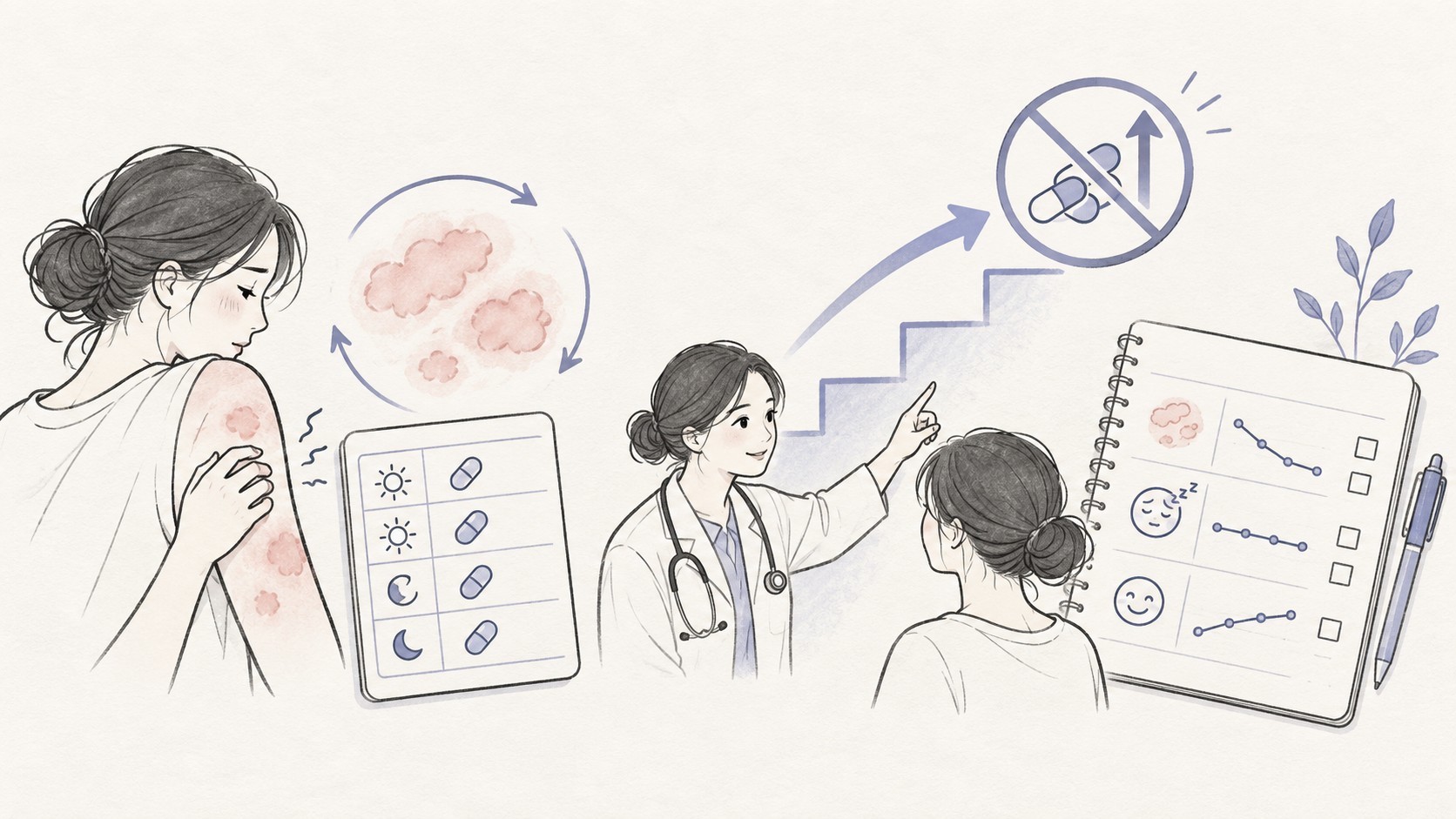 만성 두드러기에서 복용 기록과 처방자 감독하 단계 치료를 계단처럼 보여 주는 임상노트형 일러스트