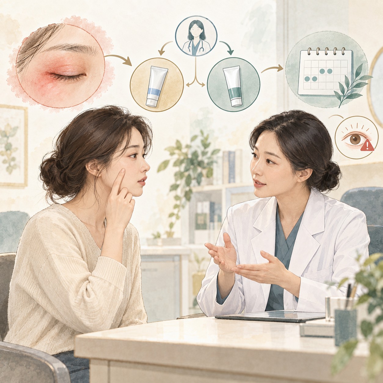 눈꺼풀 습진의 급성기 외용제와 유지치료 선택을 의료진과 상의하는 장면
