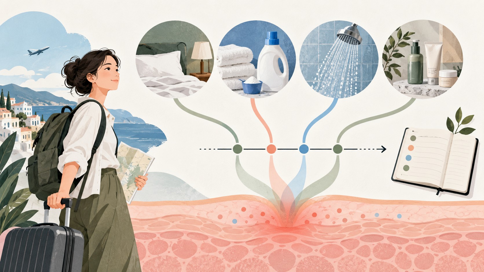 여행지 침구와 세면도구, 샤워 환경을 피부 증상 기록과 함께 비교하는 장면