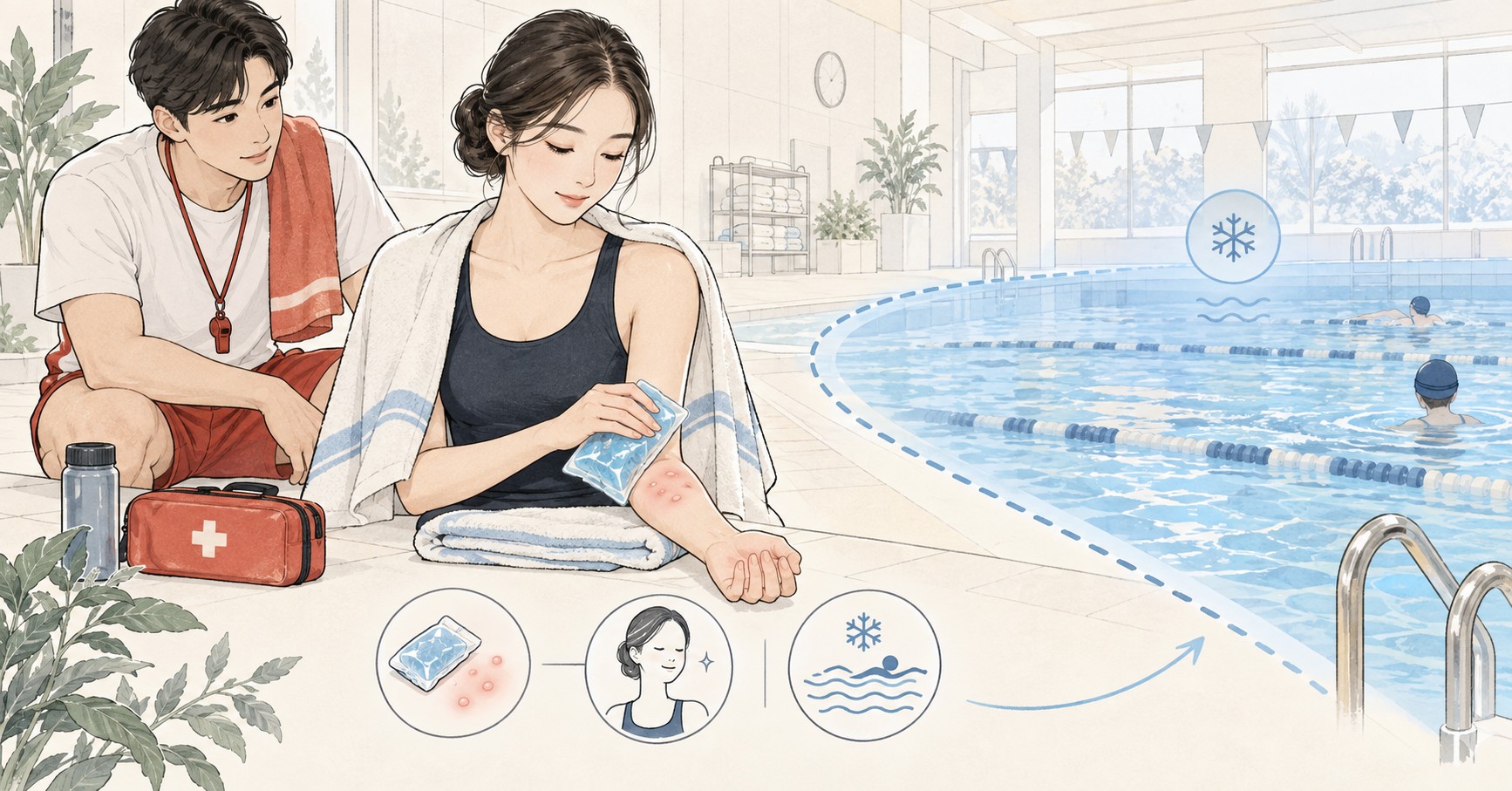 수영장 가장자리에서 국소 냉자극 뒤 팔의 팽진을 확인하고 전신 냉수 입수 위험을 구분하는 의료 일러스트