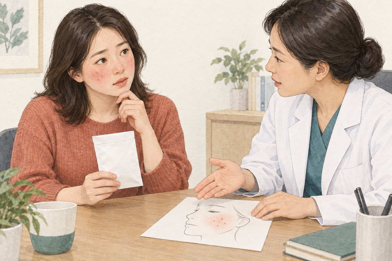 약 봉투를 든 성인이 의료진과 얼굴의 뾰루지를 표시한 그림을 함께 보며 처방 목적을 확인하는 상담 예시
