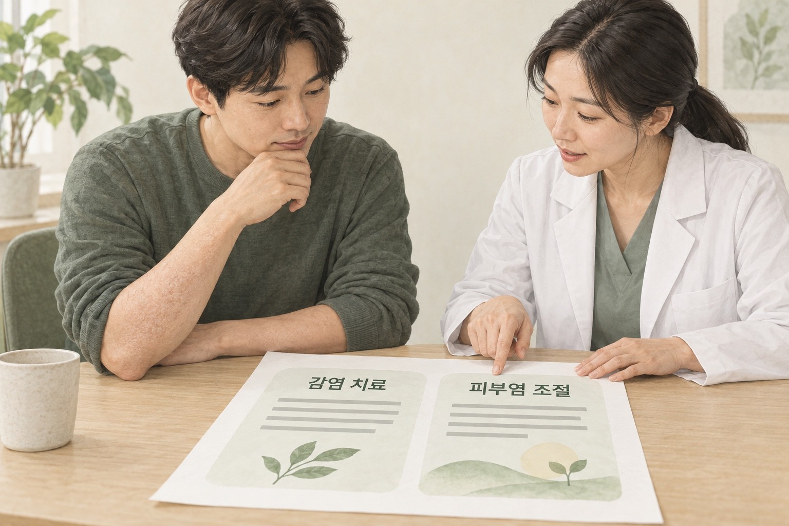 의료진과 성인이 감염 치료와 피부염 조절의 두 목표가 있는 한 장의 계획을 함께 확인하는 개념 삽화