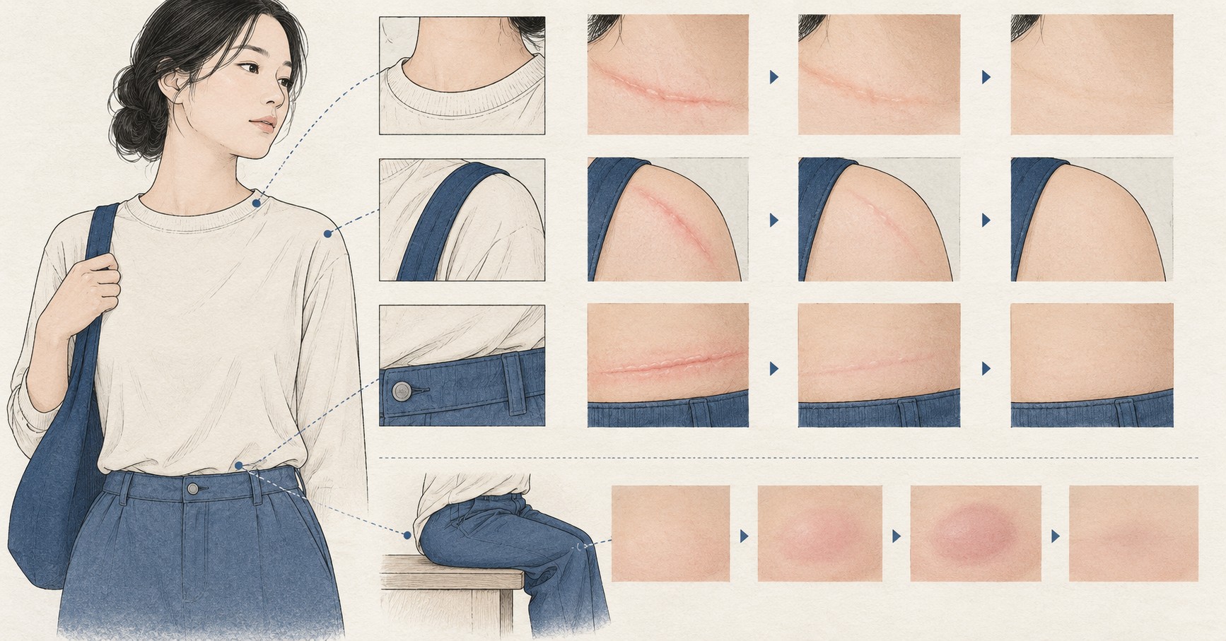옷깃과 허리밴드, 가방끈 자리에 생긴 선 모양 팽진이 시간에 따라 옅어지는 도식