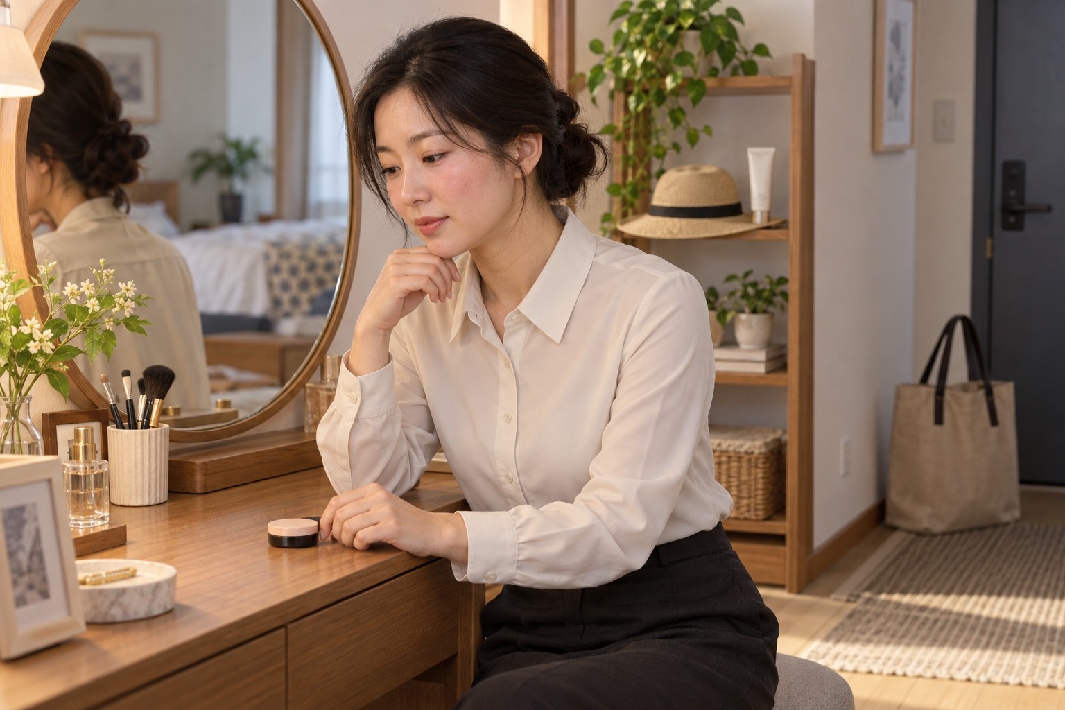 남는 볼의 색을 보며 출근 준비 중인 성인과 탁자 위의 닫힌 화장품, 별도 선반의 흰색 튜브와 모자