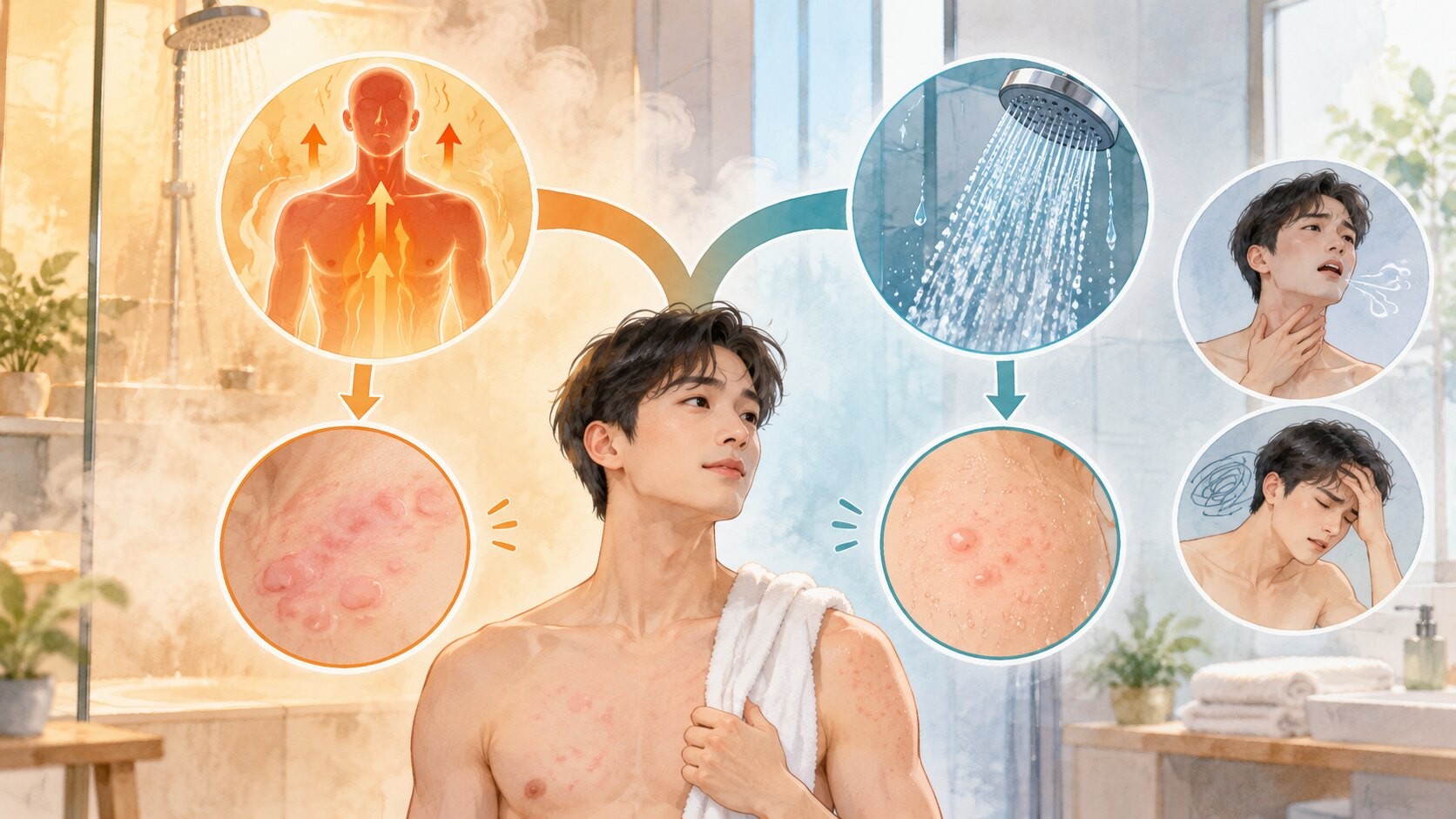 뜨거운 샤워 뒤 체온 상승과 물 접촉 반응을 나누어 살피는 임상 일러스트