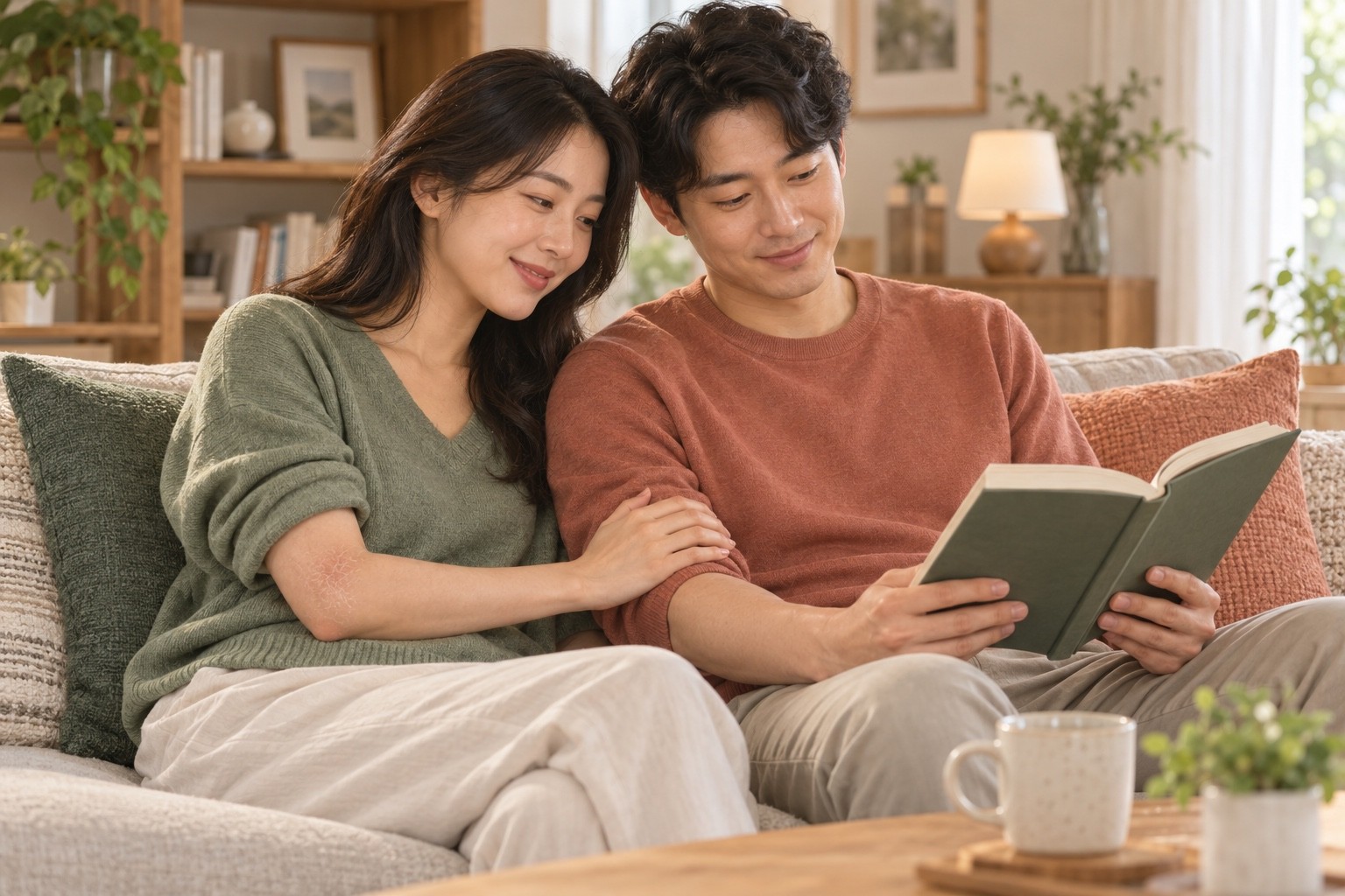 아토피피부염으로 진단받은 성인이 가족의 팔에 손을 얹고 나란히 책을 읽는 장면