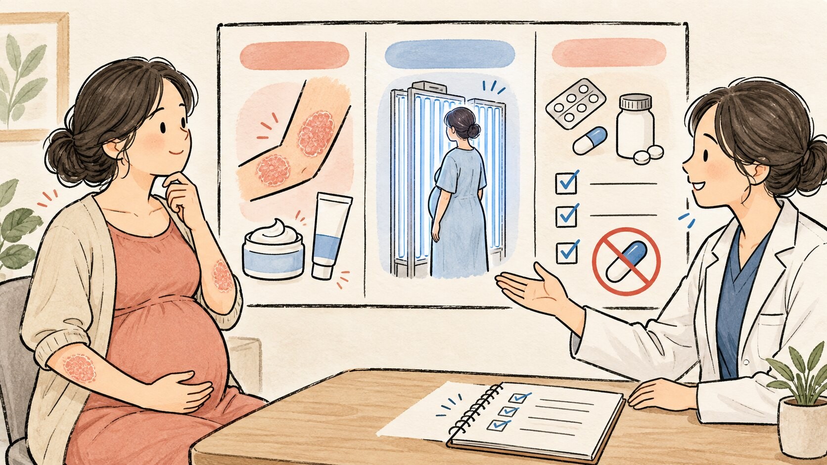임신을 준비하는 건선 환자가 피부과에서 국소치료·광선치료·약물 목록을 함께 검토하는 일러스트