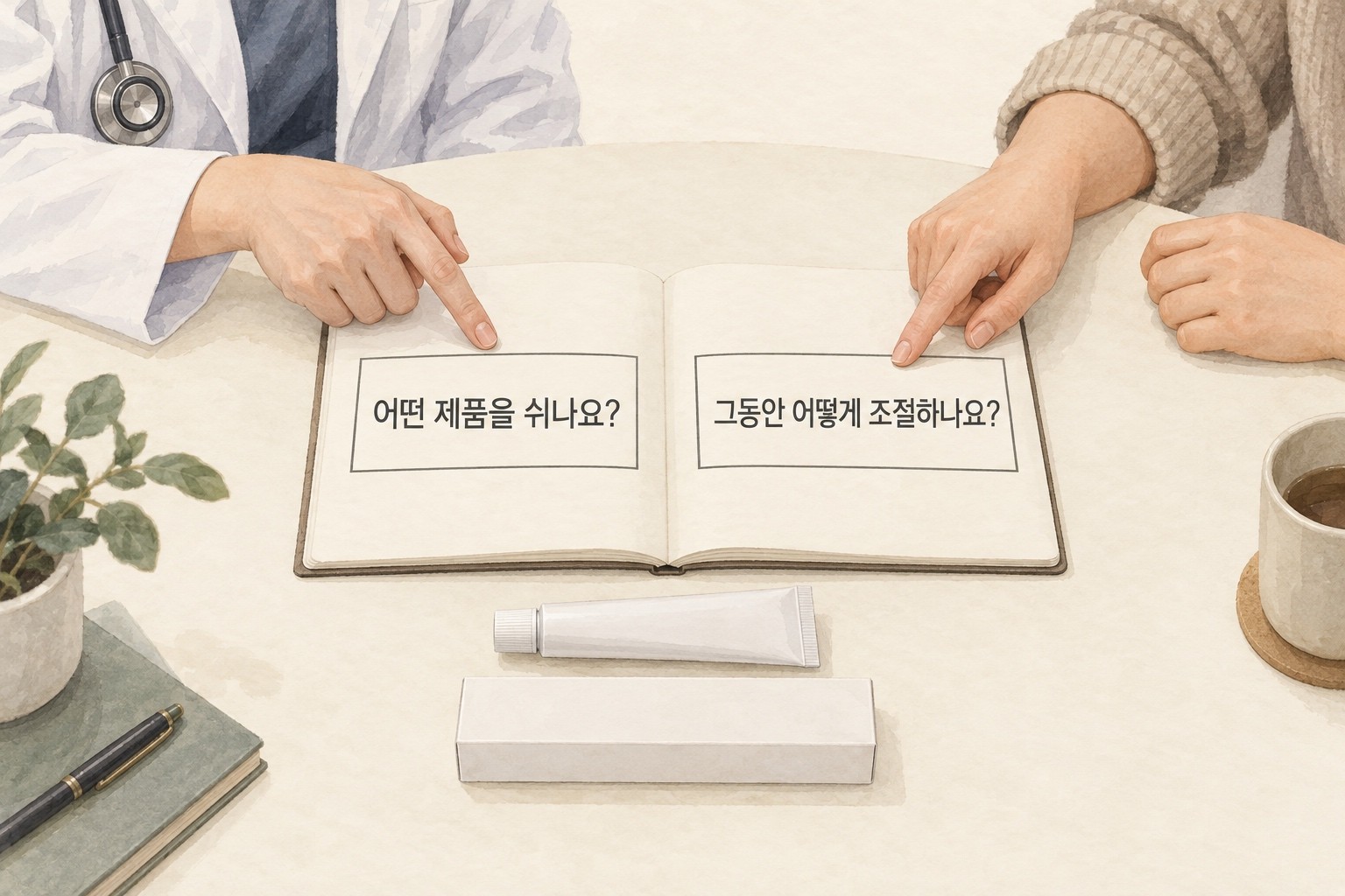 의료진과 환자가 어떤 제품을 쉬고 그동안 어떻게 조절할지 두 질문을 함께 확인하는 삽화