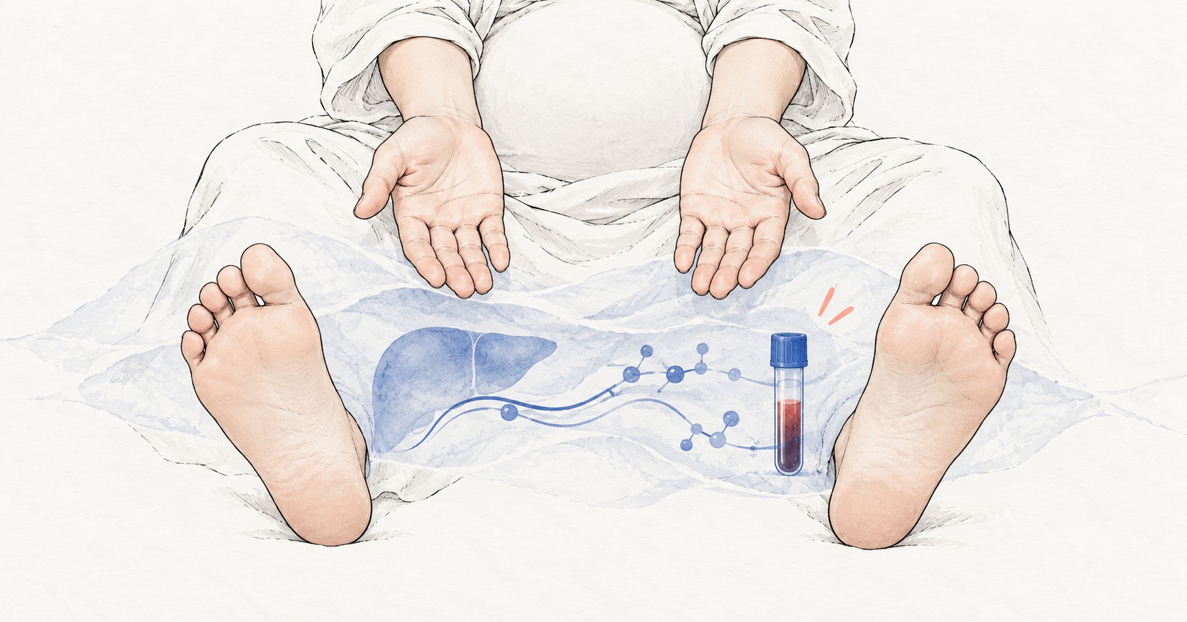 겉으로 뚜렷한 발진이 없는 임신부의 손바닥과 발바닥 아래에 간과 담즙산 혈액검사 층을 겹쳐 보인 의료 일러스트