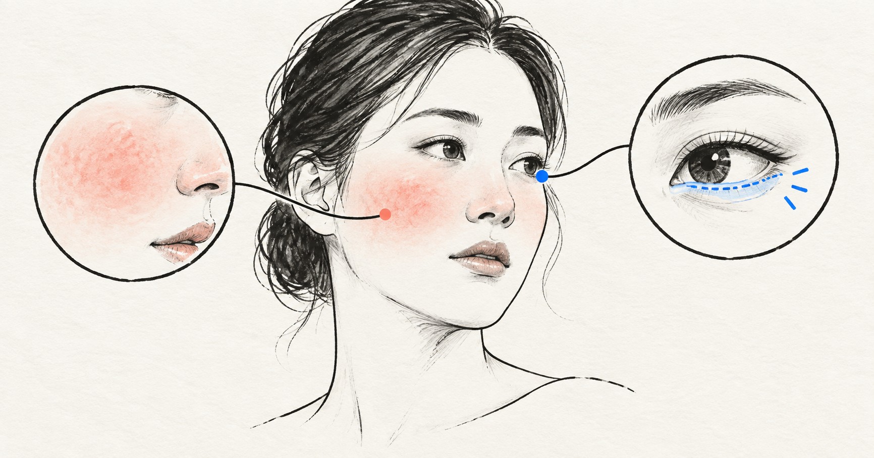 얼굴 홍조 영역과 눈 표면 건조 영역이 갈라져 각각의 평가 경로로 이어지는 임상노트 그림