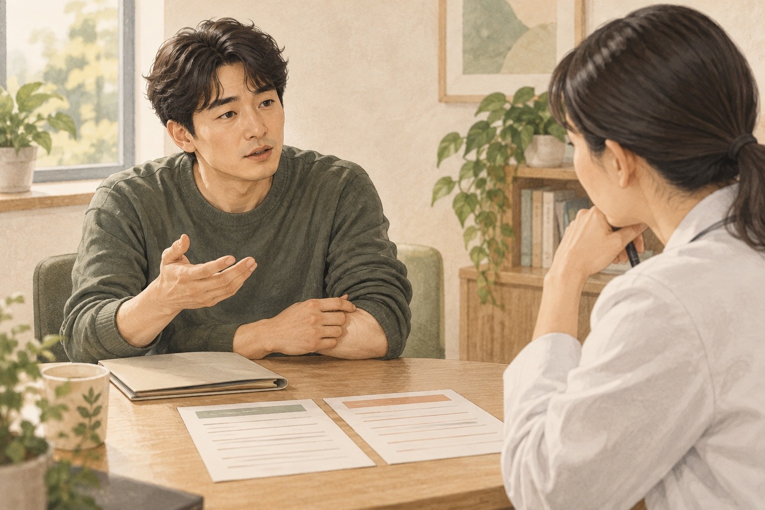 이전 치료 기록과 현재 피부 불편을 함께 놓고 이야기하는 성인 건선 상담 장면