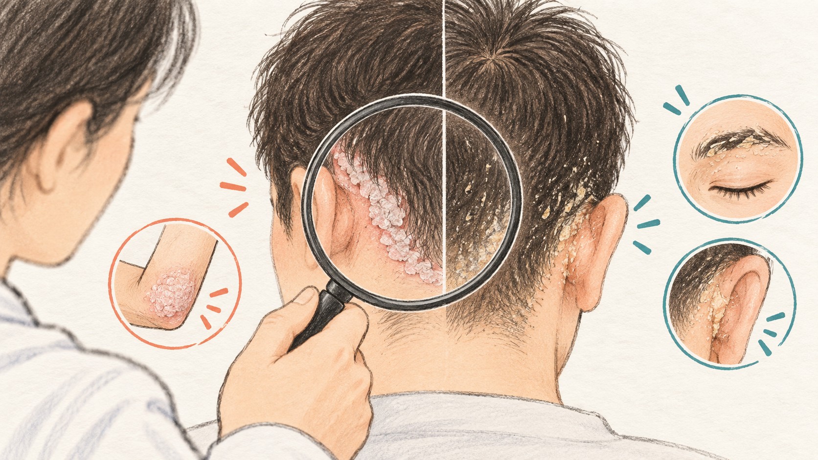 두피건선의 두꺼운 경계성 각질과 지루피부염의 잔각질을 진찰로 비교하는 장면