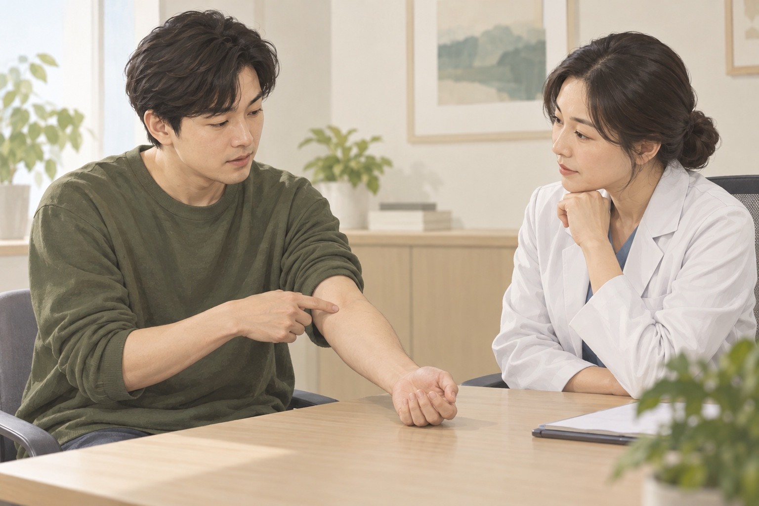 건선 병력이 있는 사람이 현재 깨끗해 보이는 팔 부위를 가리키며 문신 전 선택을 상담하는 예시