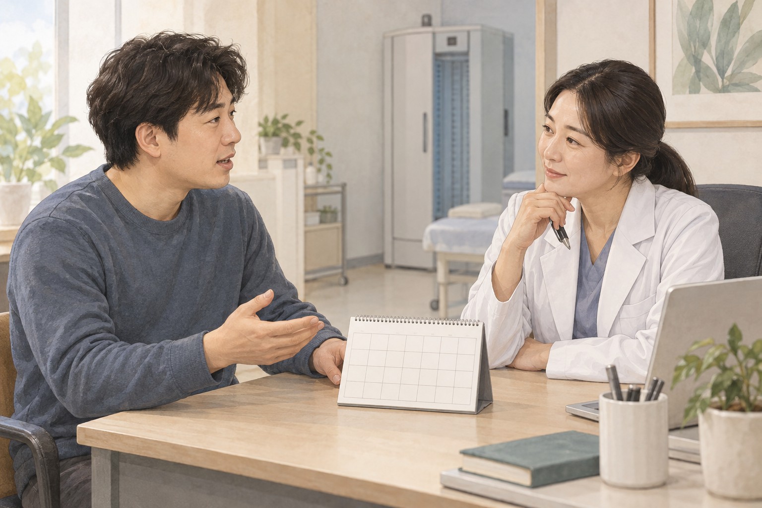 건선 환자가 진료실에서 통원 부담과 치료계획을 의료진과 의논하는 생성 일러스트