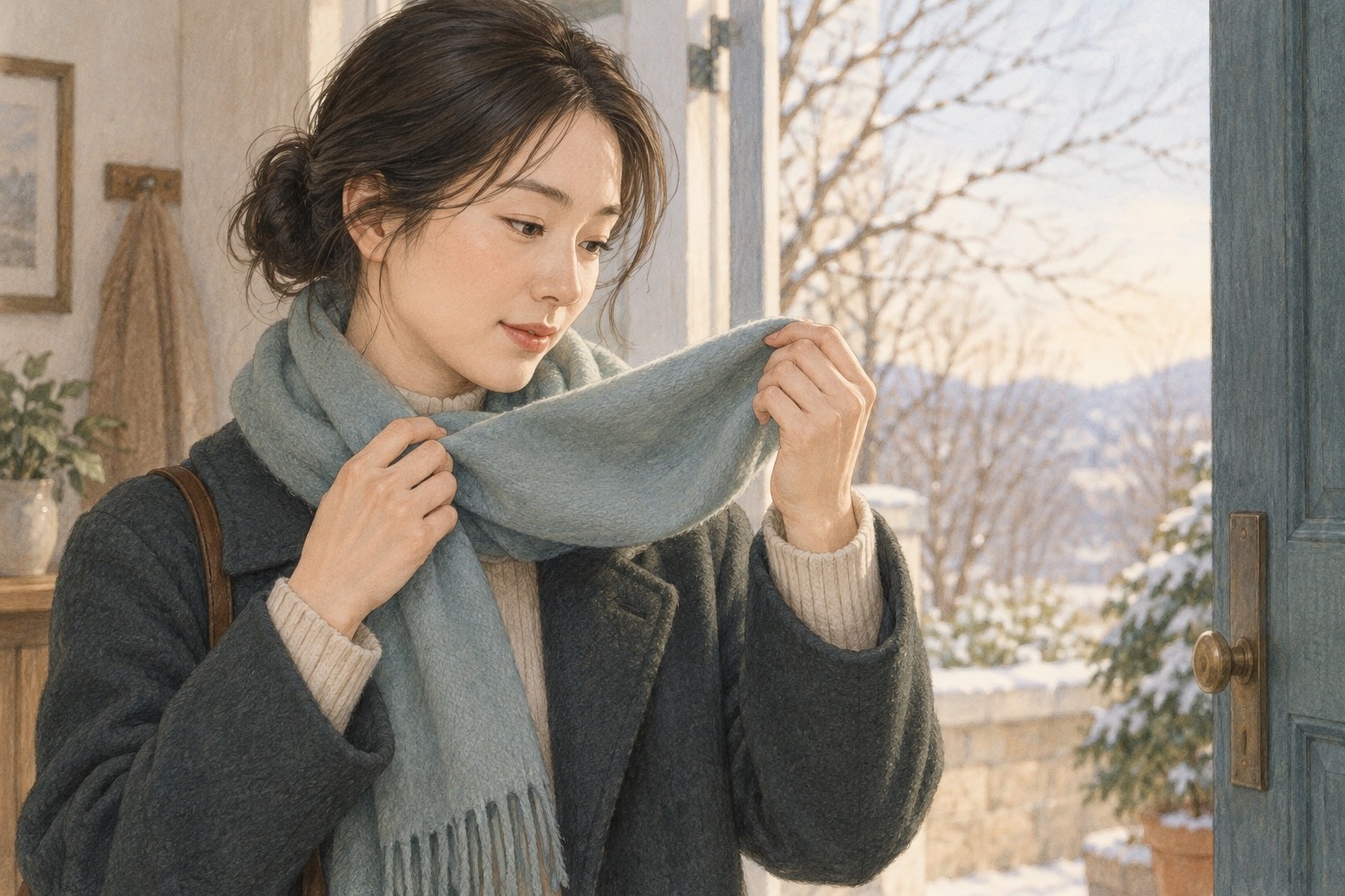 찬바람이 부는 외출 전 목도리에서 볼에 닿을 부분을 살펴보는 성인