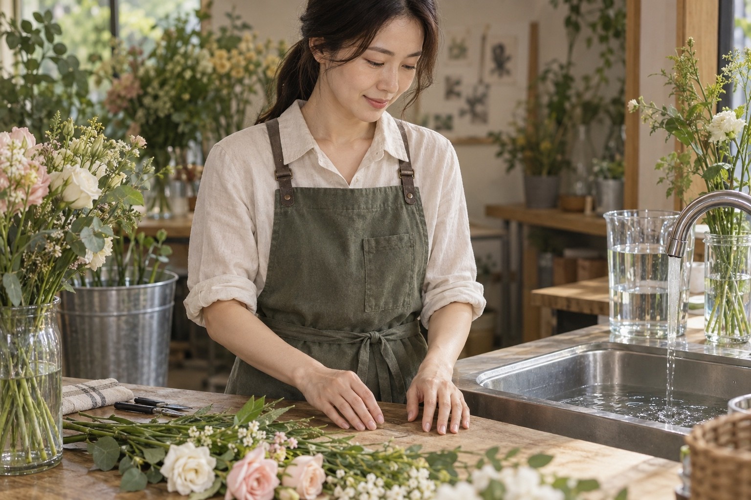 발진 없는 성인의 손과 반복 물 접촉이 있는 새 업무 환경을 함께 보여주는 교육용 합성 그림