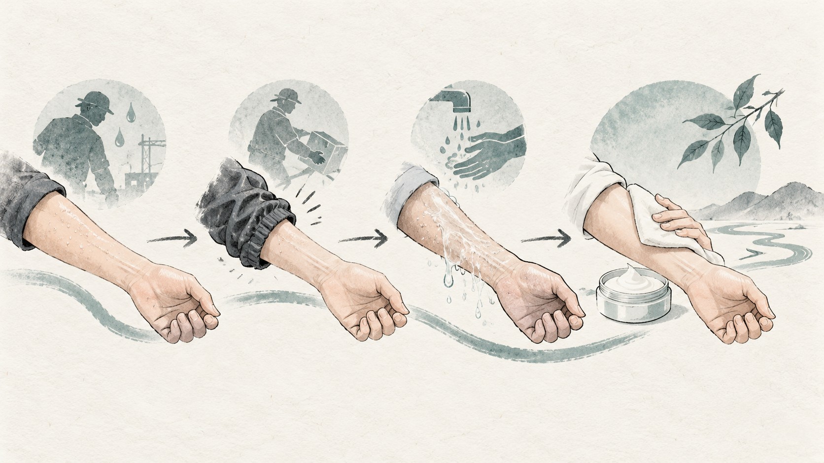 작업 중 아토피 악화를 땀, 보호구 마찰, 반복 세정과 회복 단계로 나눈 임상노트형 일러스트
