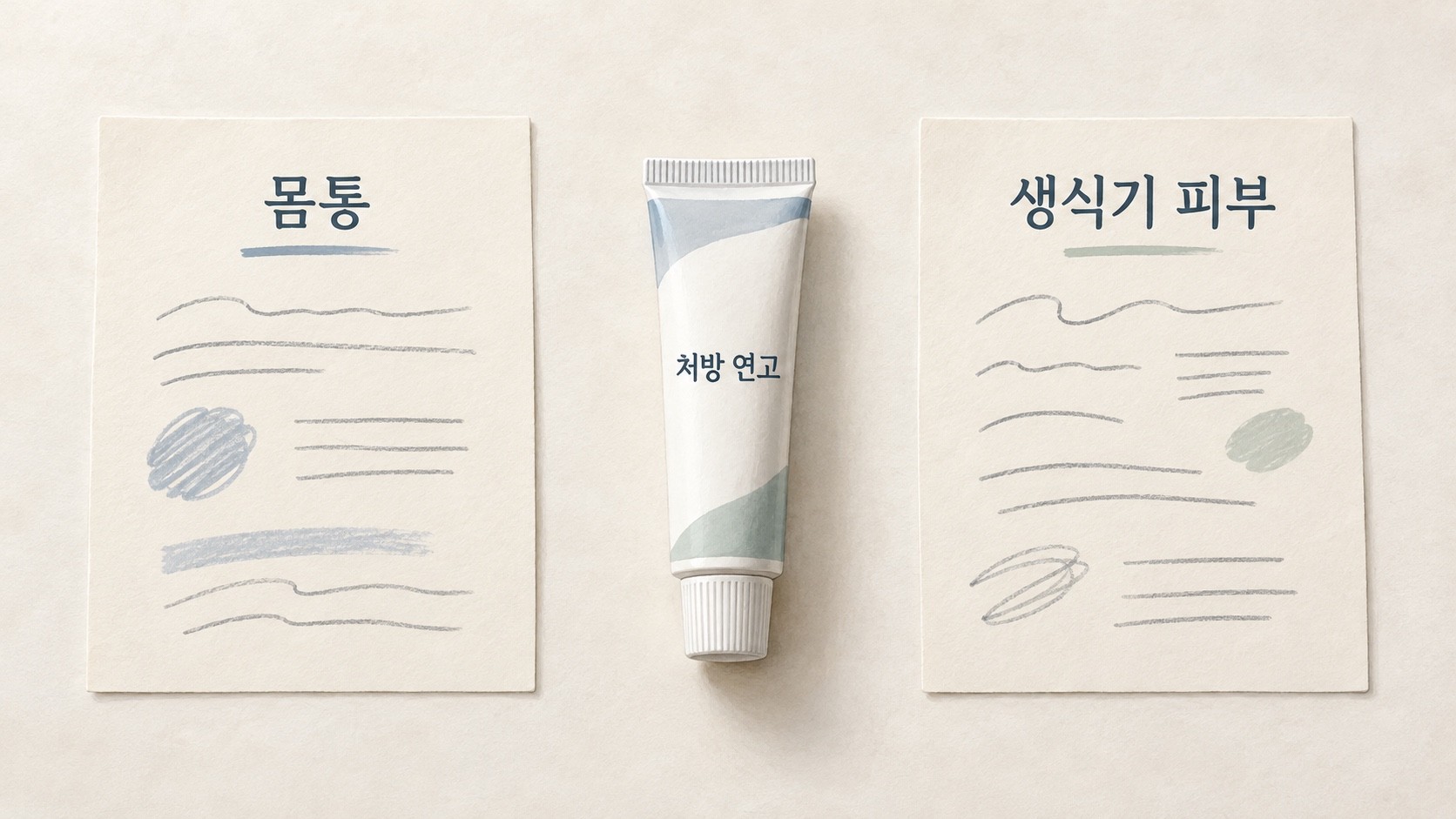 처방 연고 옆에 몸통과 생식기 피부의 사용 안내를 각각 놓은 그림