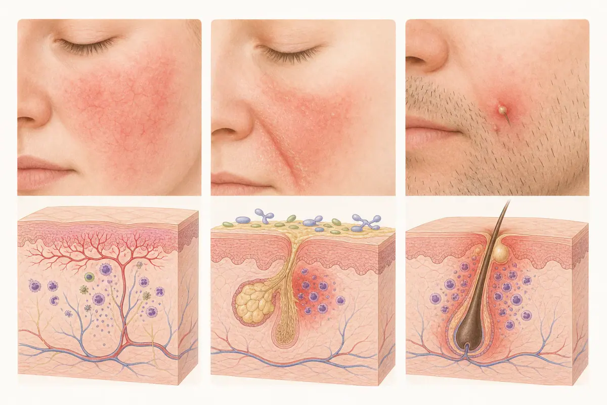 주사비의 표재 혈관과 염증, 지루성피부염의 피지샘과 피부 상재 효모, 모낭염의 털구멍 중심 염증을 세 칸으로 비교한 메디컬 일러스트